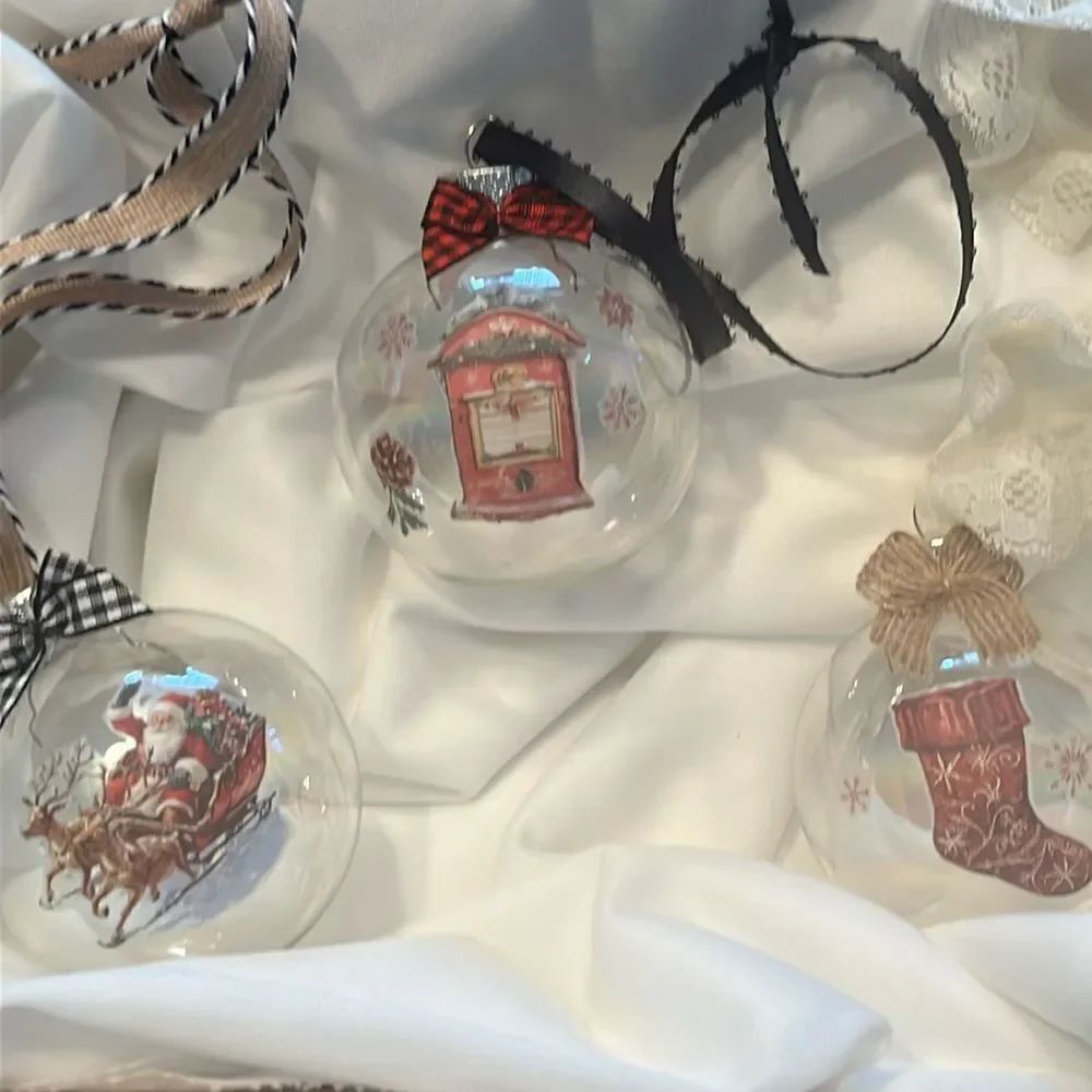 Upcycled Clear Glass Ornaments 3 Different Christmas Balls stocking, sleigh, hut